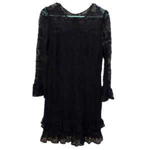 PARKER shift dress with sheer lace neckline and sleeves.  Dark blue and black. L